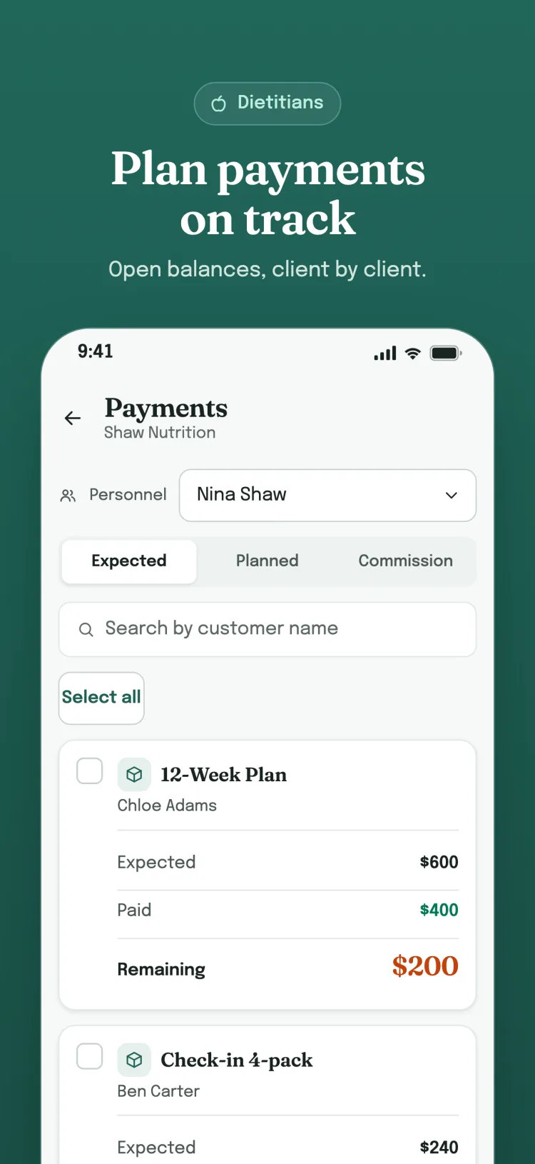 Payments screen, Expected tab: each customer's expected, paid and remaining amount on its own card.
