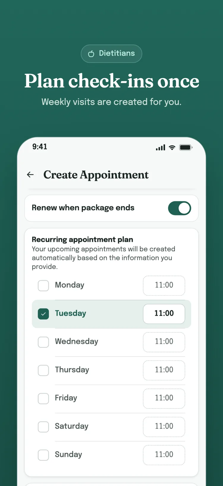 Recurring appointment plan: selected weekdays and times; renews when the package ends.