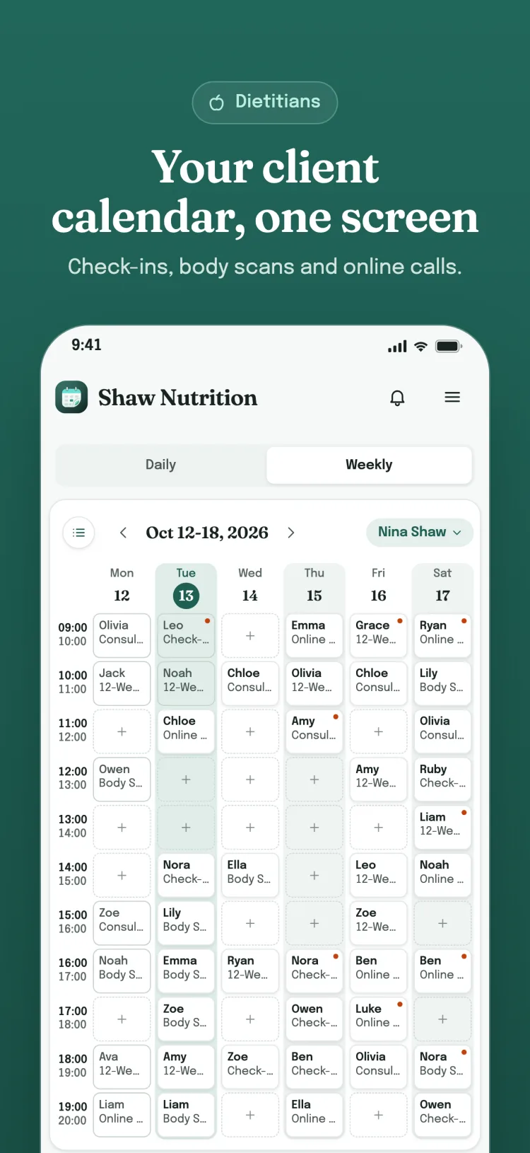 Weekly appointment calendar: the sector's service, package and group appointments for the whole week on one screen; open slots show a plus sign.