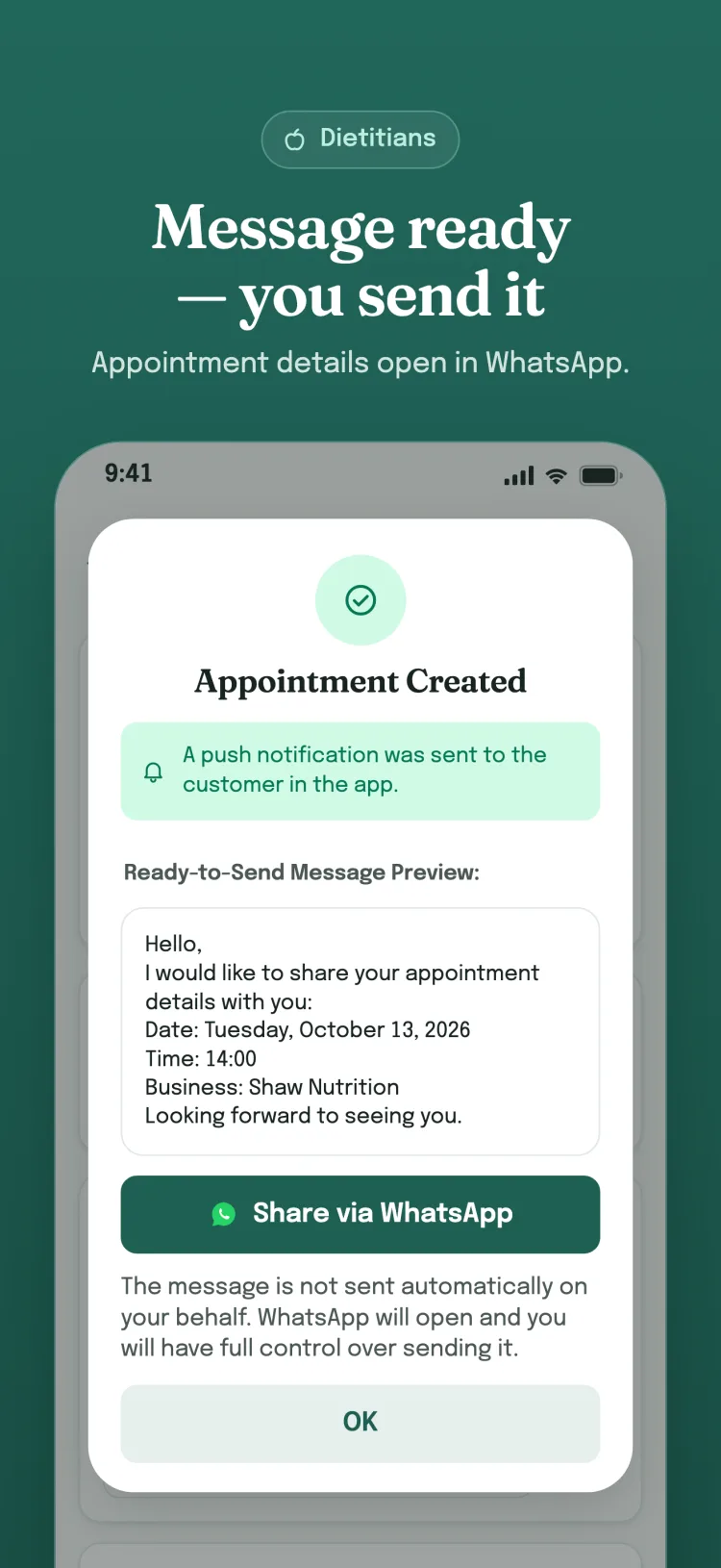 Appointment created dialog: a ready message opens in WhatsApp; the business sends it itself.