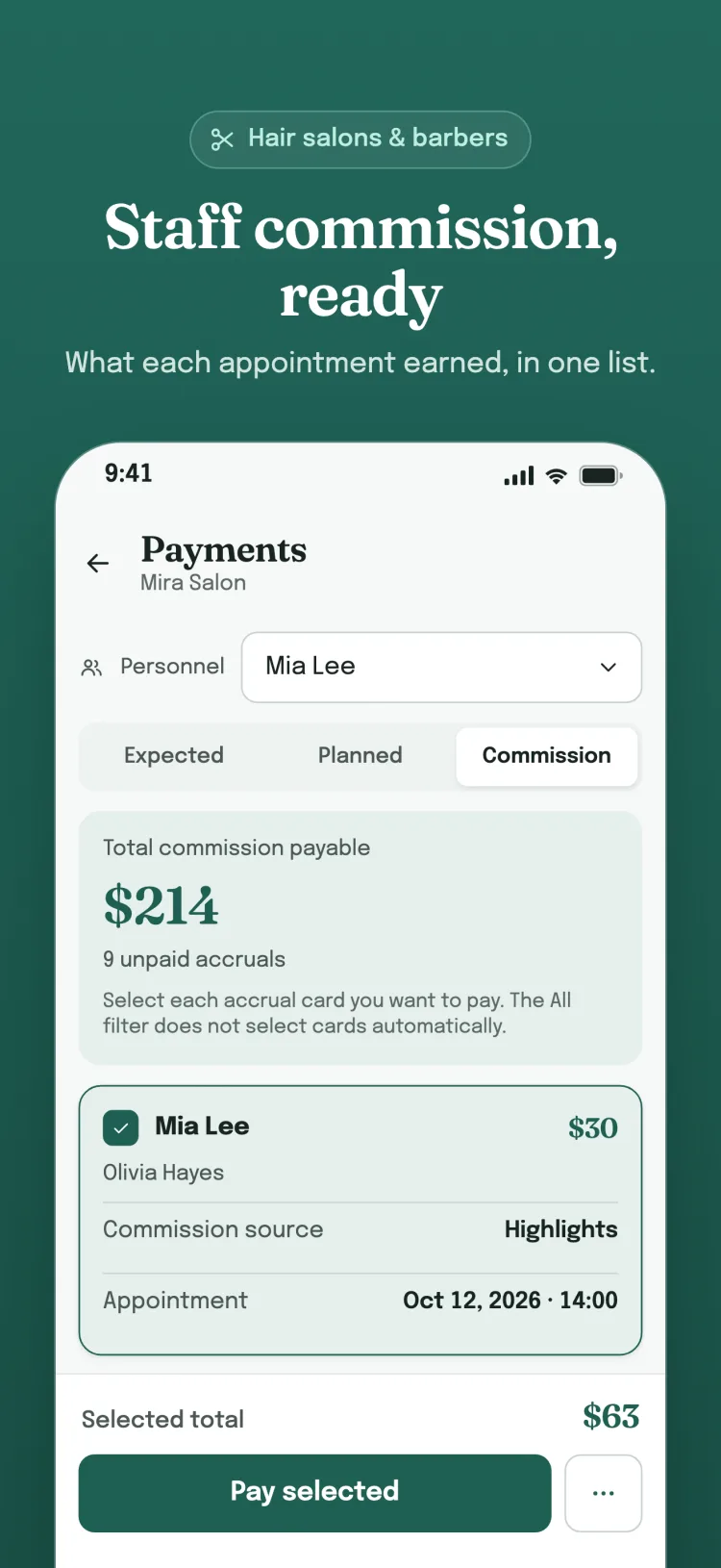 Payments screen, Commission tab: a staff member's unpaid commission accruals, their source and paying the selected ones.