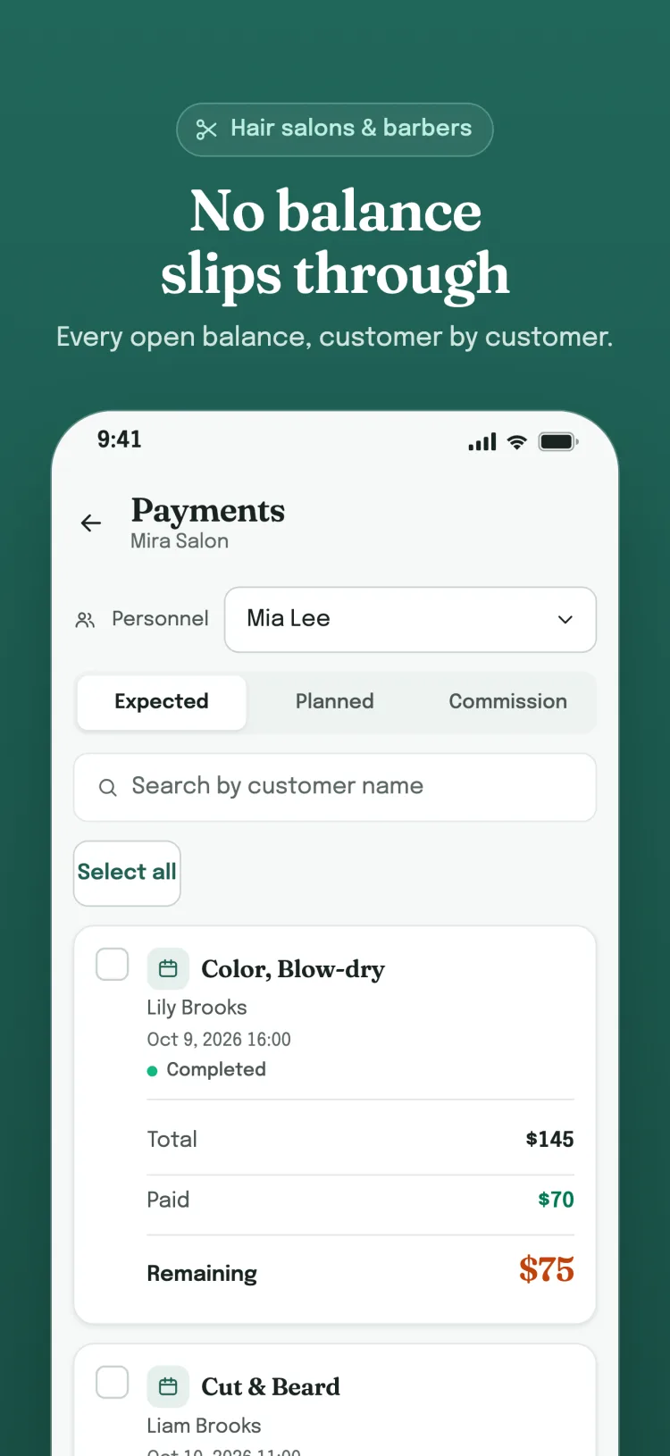 Payments screen, Expected tab: each customer's expected, paid and remaining amount on its own card.