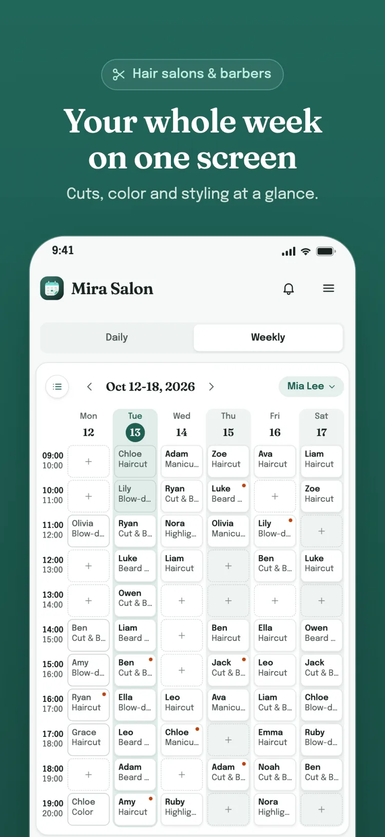 Weekly appointment calendar: the sector's service, package and group appointments for the whole week on one screen; open slots show a plus sign.
