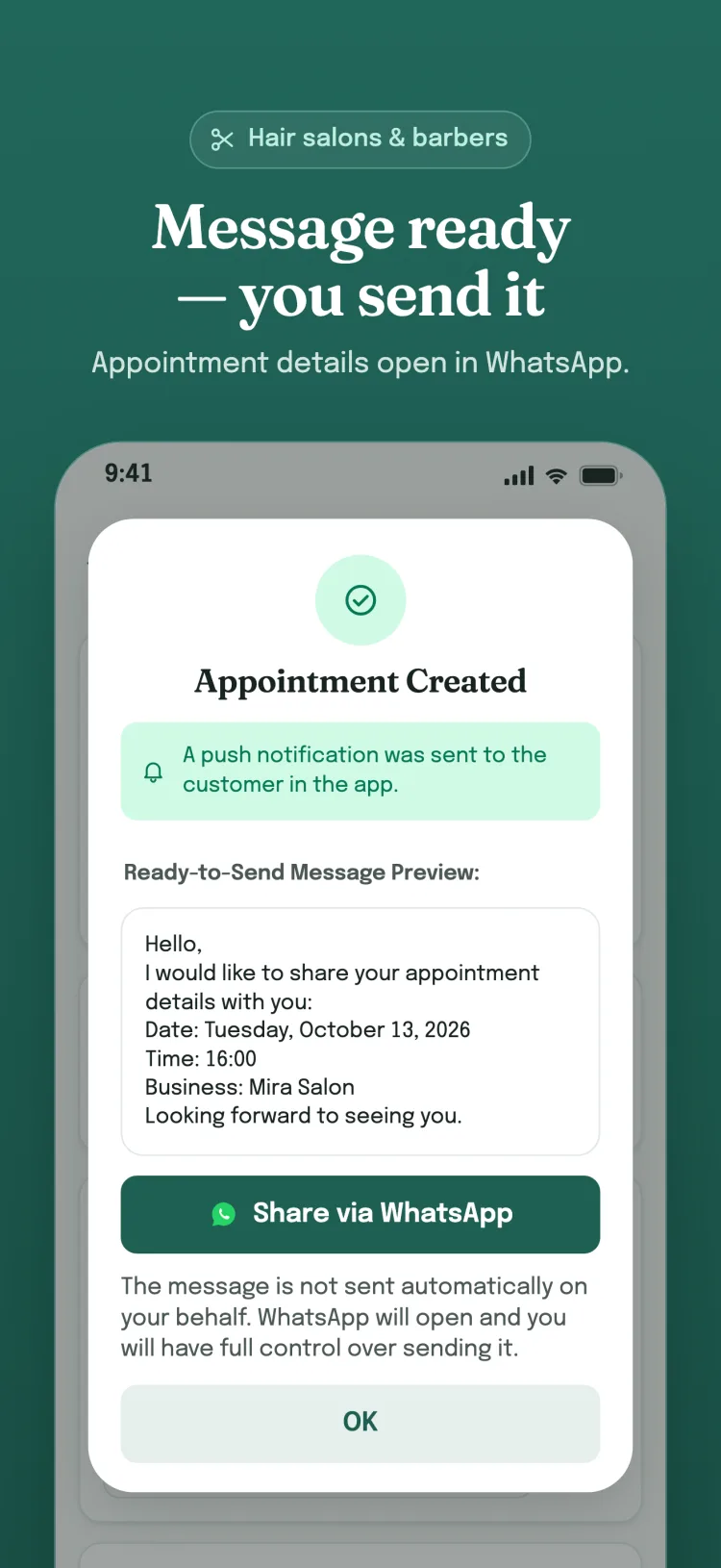 Appointment created dialog: a ready message opens in WhatsApp; the business sends it itself.