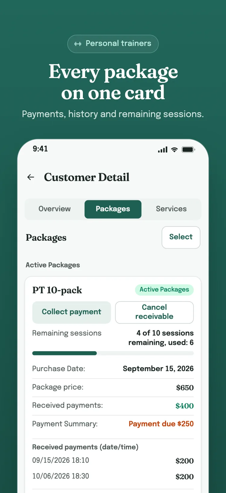 Package card in customer details: remaining sessions, received payments and usage history on one card.