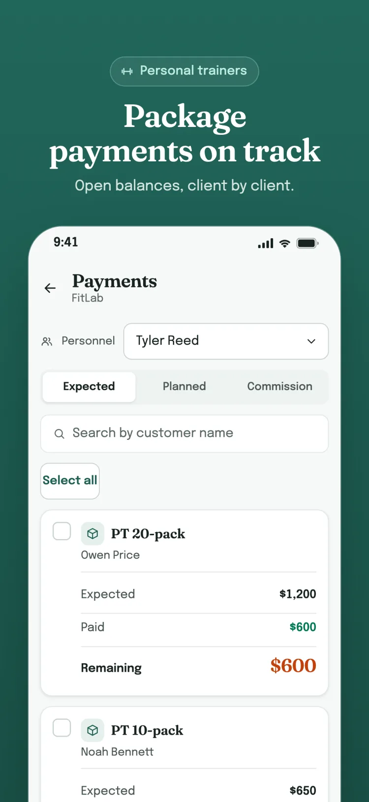 Payments screen, Expected tab: each customer's expected, paid and remaining amount on its own card.