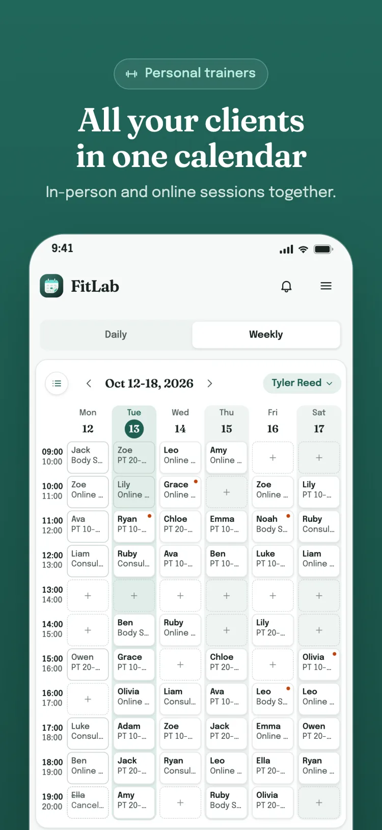 Weekly appointment calendar: the sector's service, package and group appointments for the whole week on one screen; open slots show a plus sign.