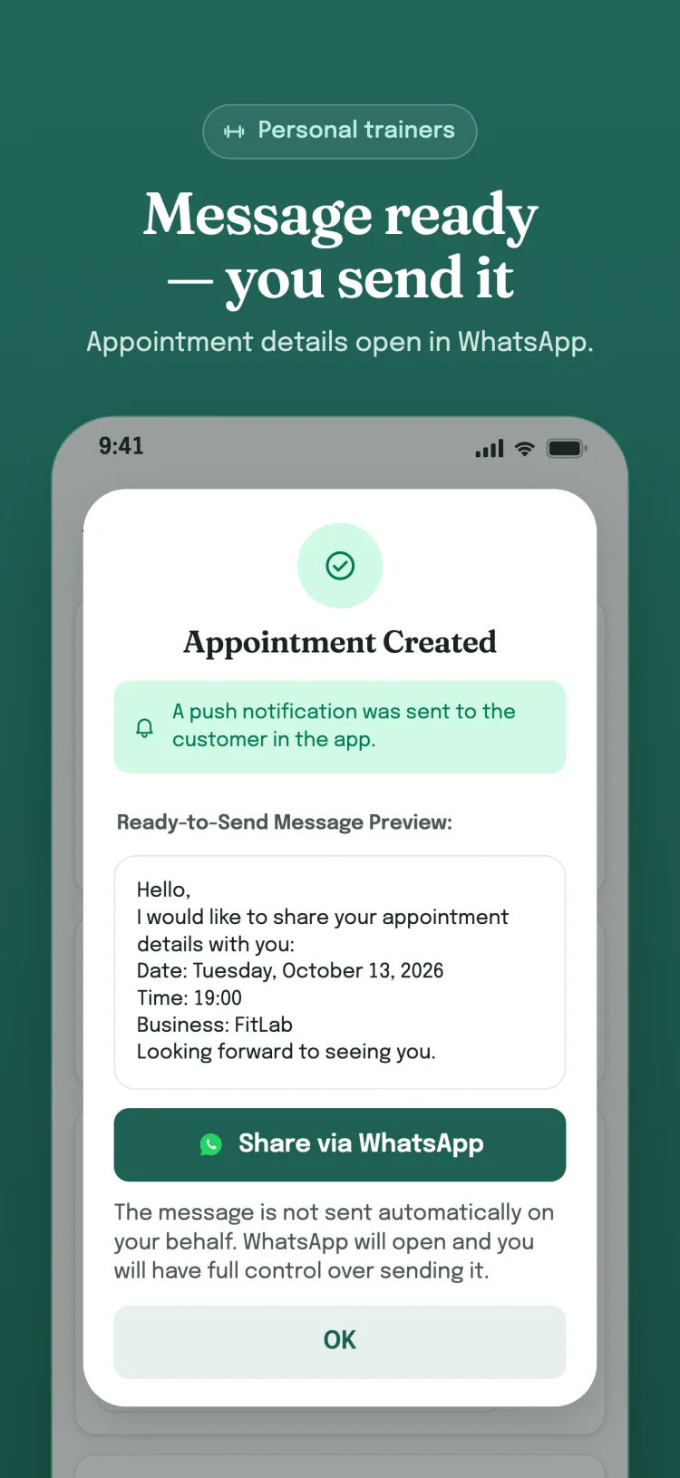 Appointment created dialog: a ready message opens in WhatsApp; the business sends it itself.