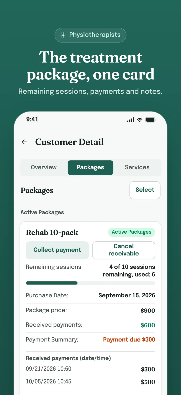 Package card in customer details: remaining sessions, received payments and usage history on one card.
