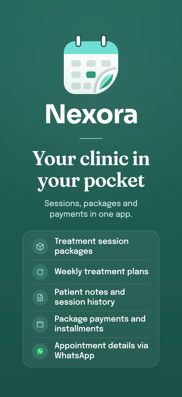 Nexora closing screen: the sector's feature list; appointments, packages and payments in one app.
