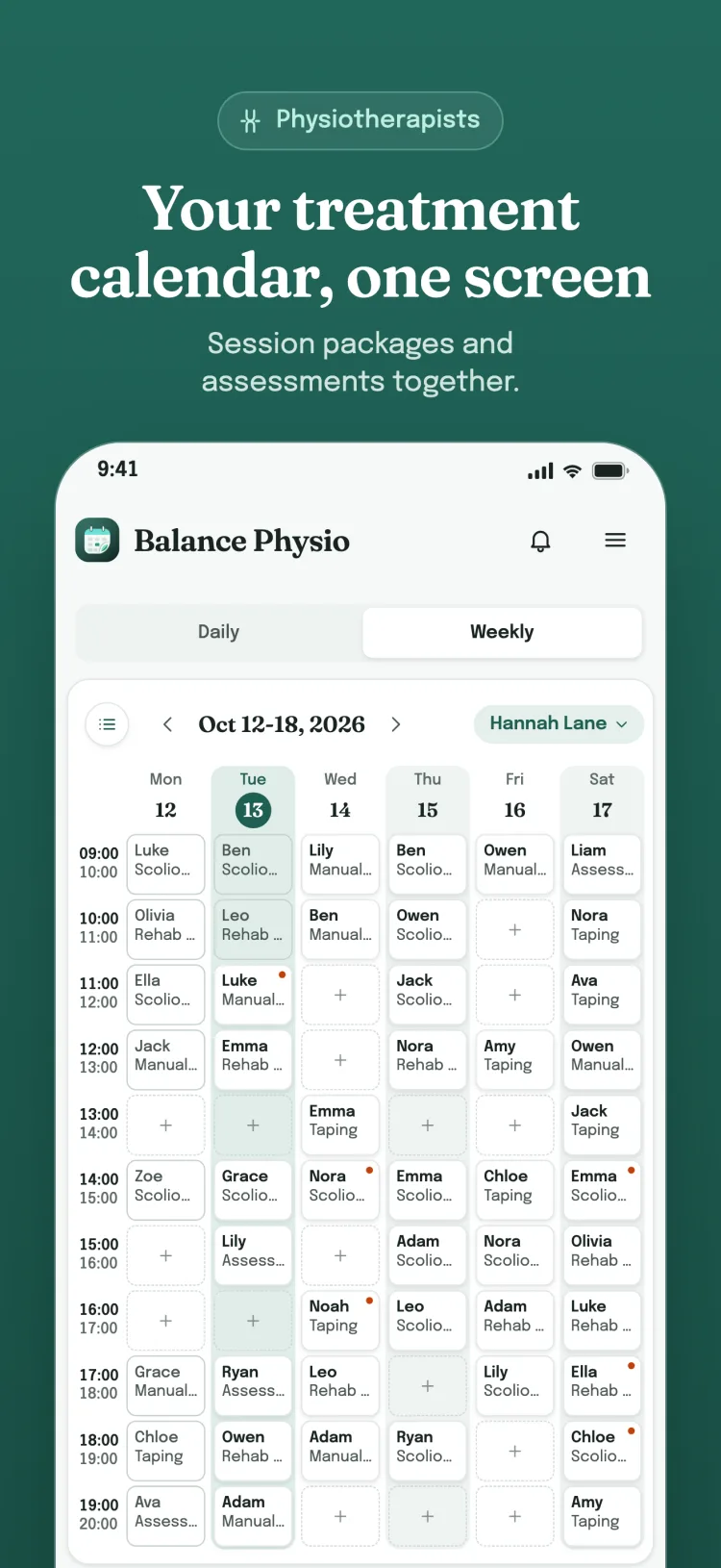 Weekly appointment calendar: the sector's service, package and group appointments for the whole week on one screen; open slots show a plus sign.