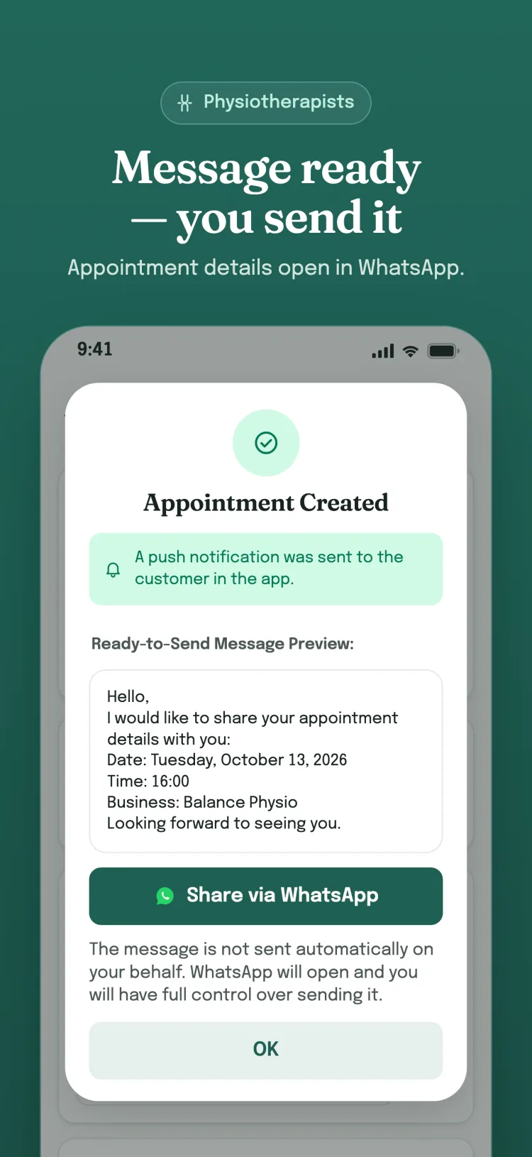 Appointment created dialog: a ready message opens in WhatsApp; the business sends it itself.