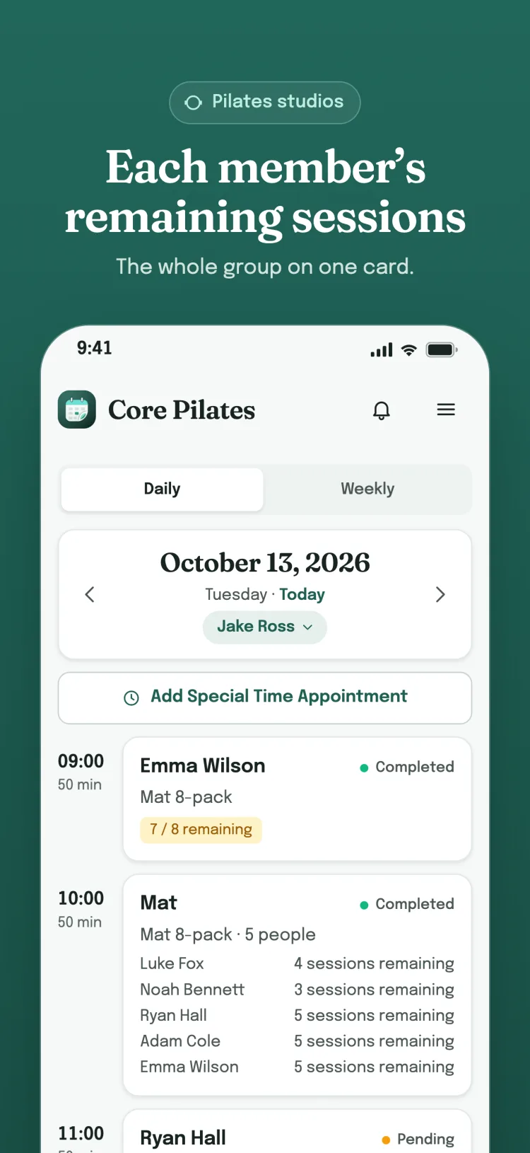 Daily list: the day's appointments hour by hour; payment status for services, remaining sessions for packages and for each group member.