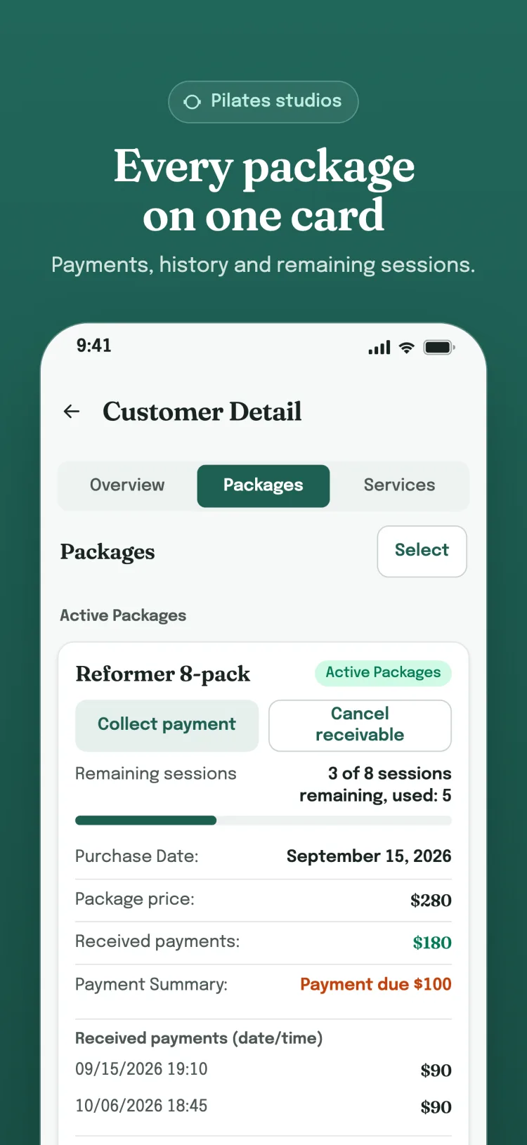 Package card in customer details: remaining sessions, received payments and usage history on one card.