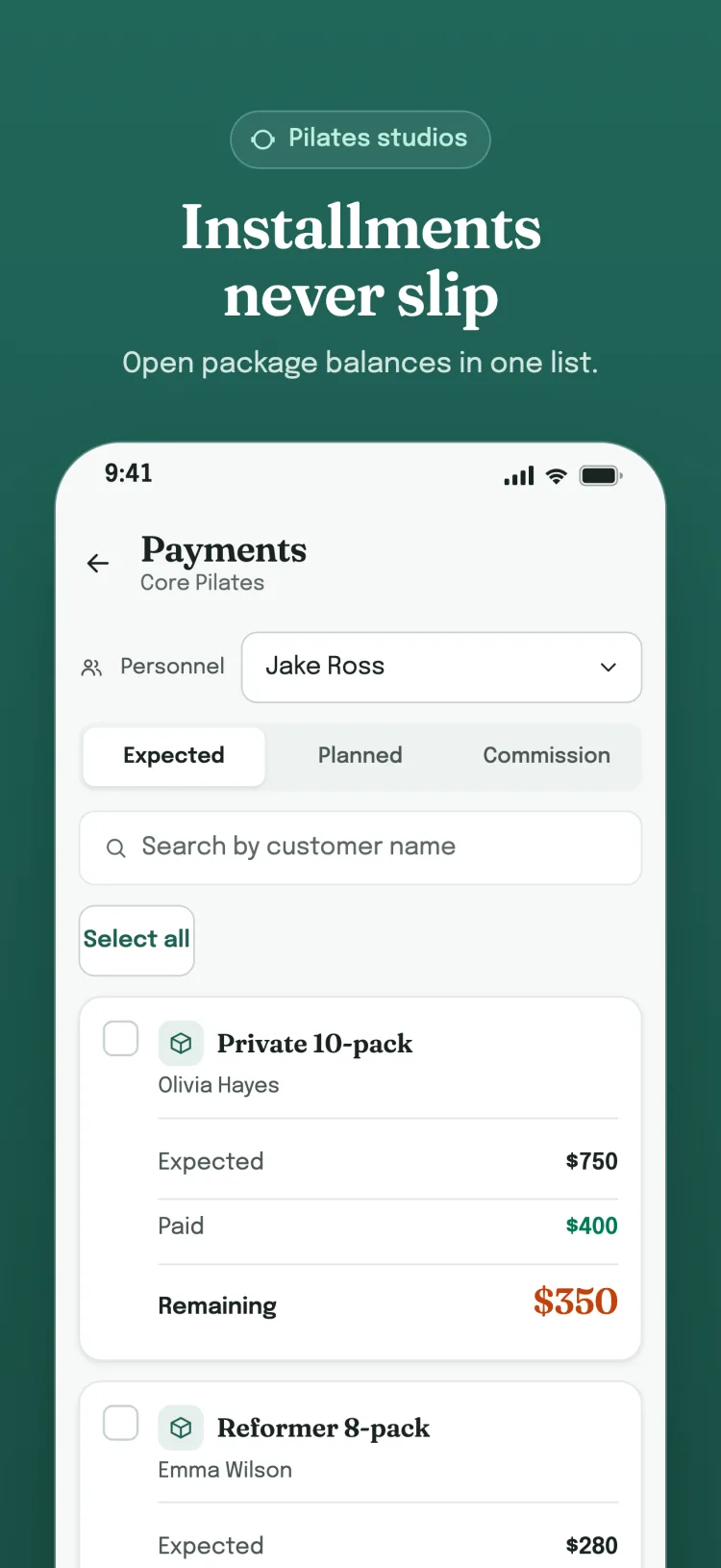 Payments screen, Expected tab: each customer's expected, paid and remaining amount on its own card.