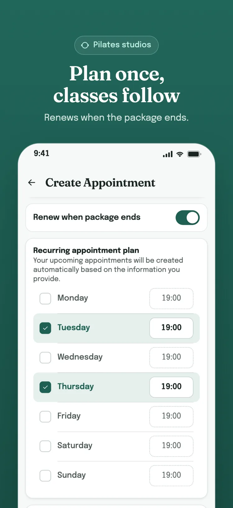 Recurring appointment plan: selected weekdays and times; renews when the package ends.