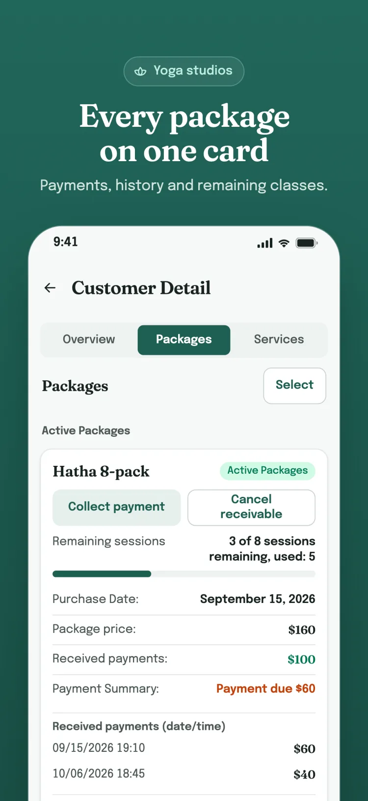 Package card in customer details: remaining sessions, received payments and usage history on one card.