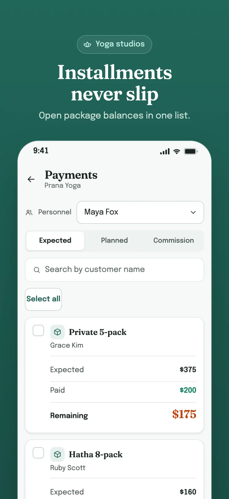 Payments screen, Expected tab: each customer's expected, paid and remaining amount on its own card.