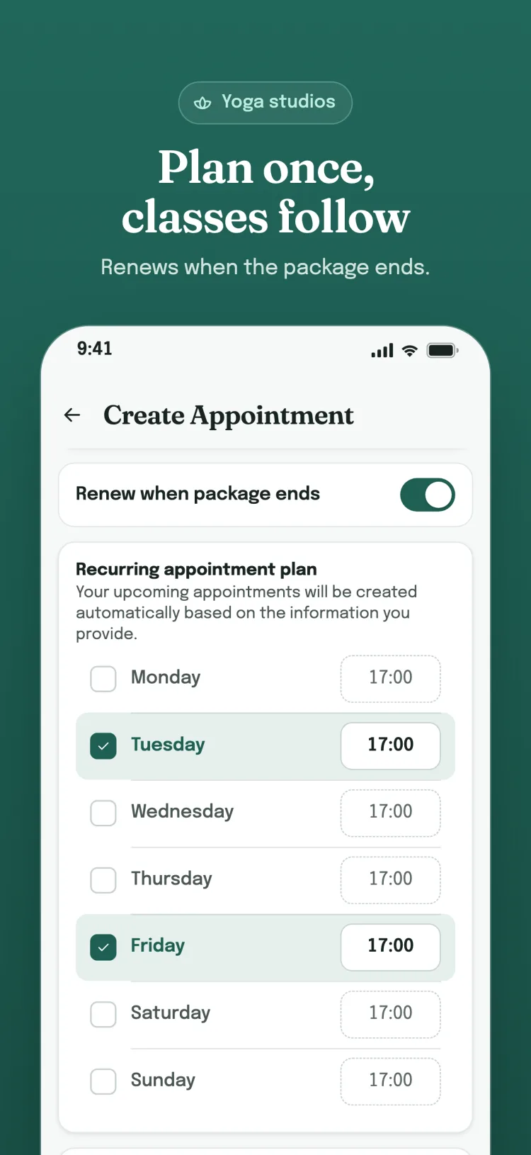 Recurring appointment plan: selected weekdays and times; renews when the package ends.