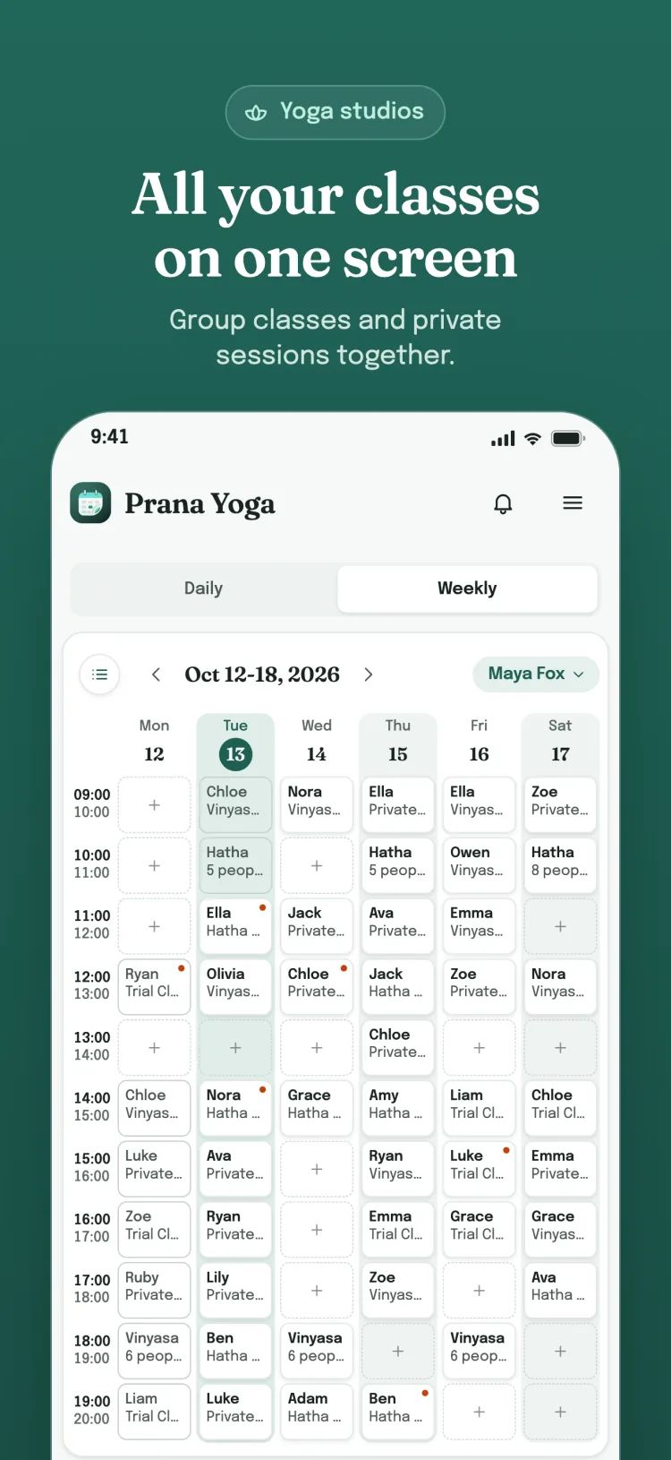 Weekly appointment calendar: the sector's service, package and group appointments for the whole week on one screen; open slots show a plus sign.