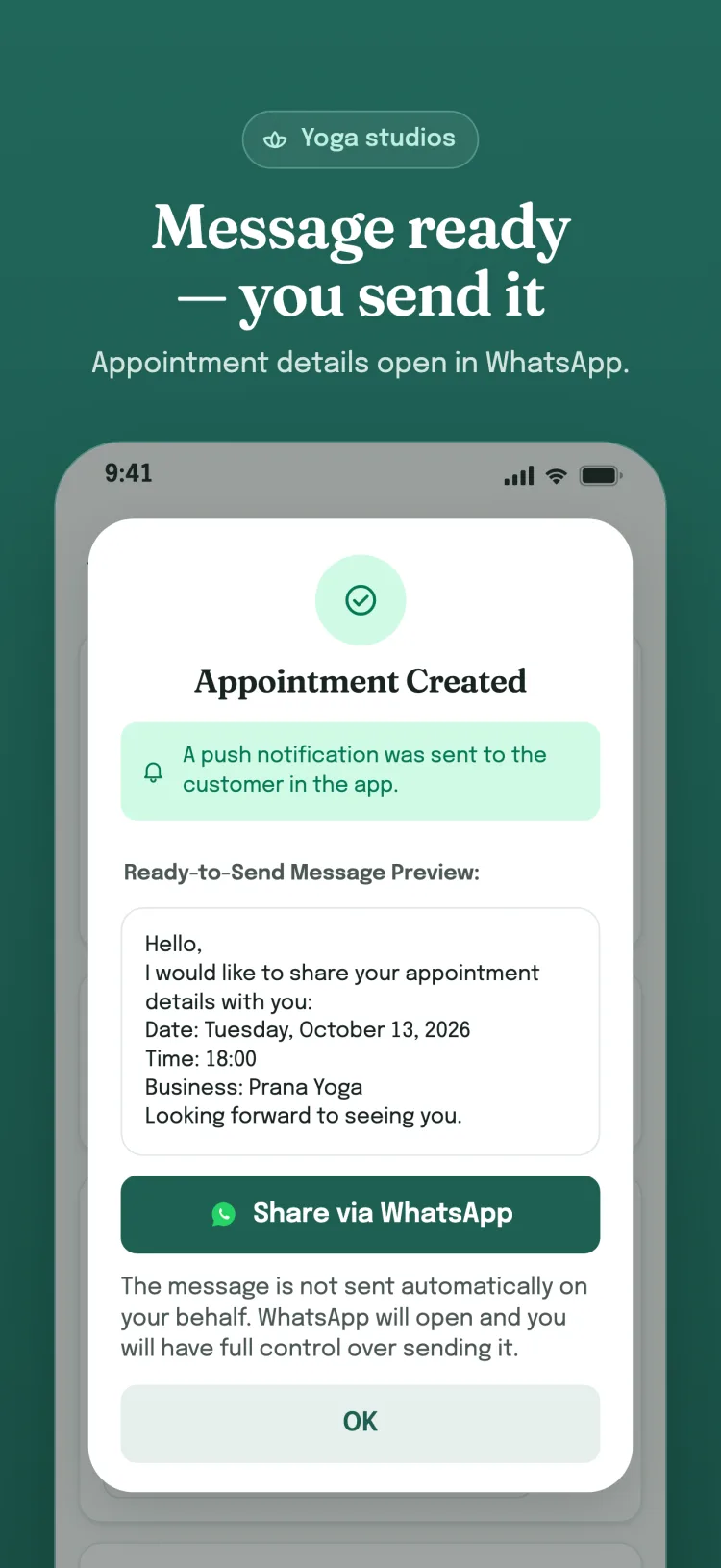 Appointment created dialog: a ready message opens in WhatsApp; the business sends it itself.