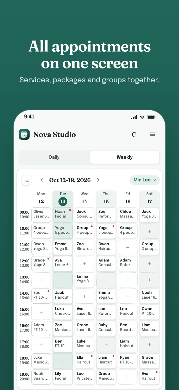 All appointments on one screen — Nexora weekly calendar: services, packages and group sessions for the whole week on one screen.