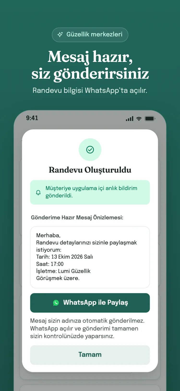 Randevu oluşturuldu penceresi: hazır mesaj WhatsApp'ta açılır; mesajı işletme kendisi gönderir.