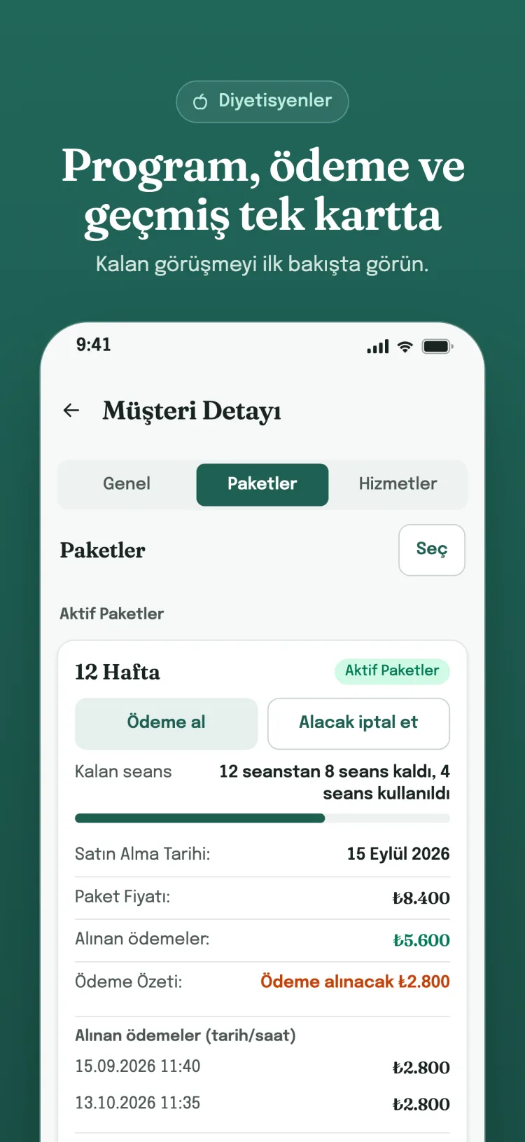 Müşteri detayında paket kartı: kalan seans, alınan ödemeler ve kullanım geçmişi tek kartta.