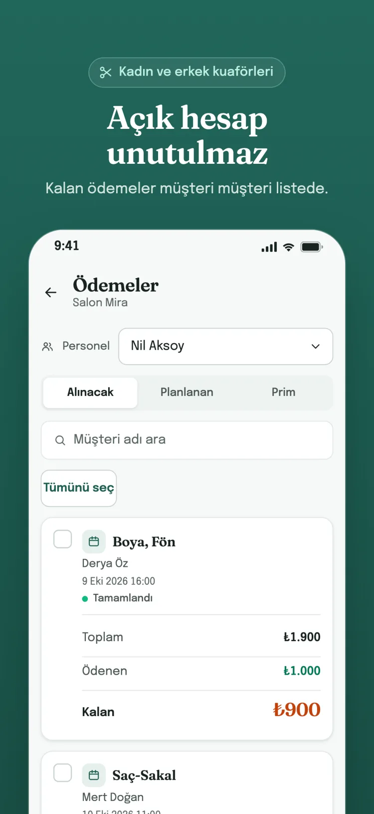 Ödemeler ekranı, Alınacak sekmesi: her müşterinin beklenen, ödenen ve kalan tutarı ayrı kartta.
