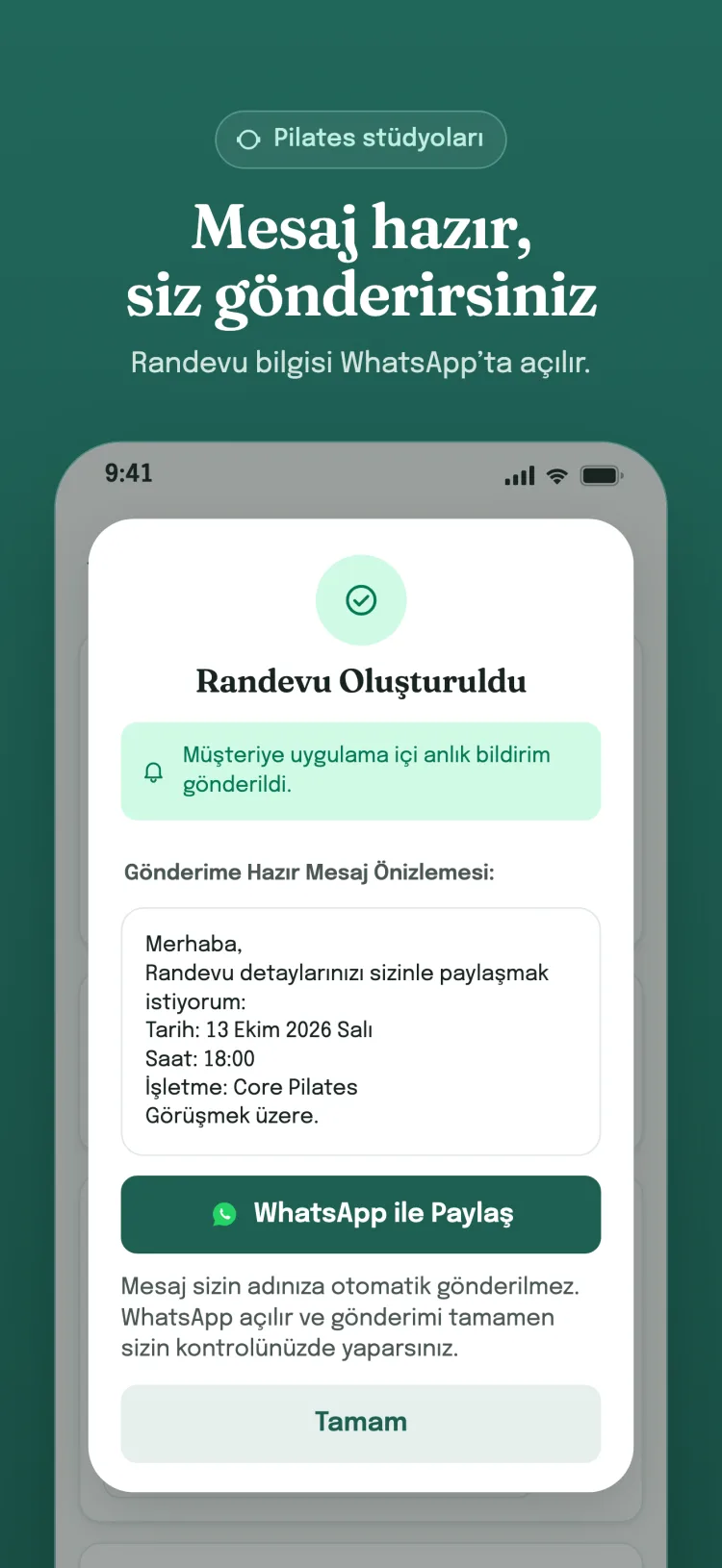 Randevu oluşturuldu penceresi: hazır mesaj WhatsApp'ta açılır; mesajı işletme kendisi gönderir.